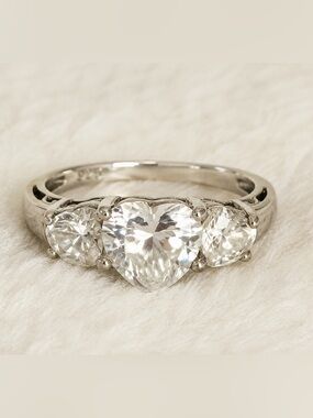 JCM 925 Sterling Silver Heart CZ Three Stone Ring Size 8